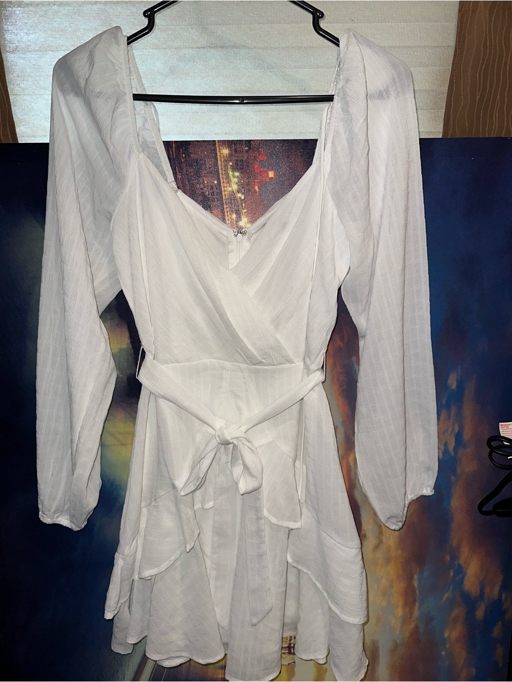 White Long-Sleeve Wrap Dress with Tie Waist